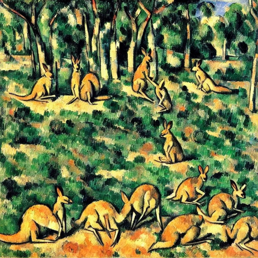 Prompt: five kangaroos bathing in a lake. an oil painting by paul cezanne