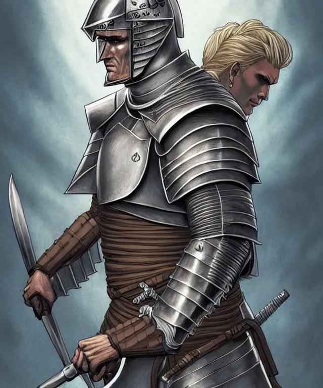 Prompt: a ( fantasy comic ) ( cover art ) portrait of a valiant knight who looks like ( young dolph lundgren ), digital illustration by jenny frison and sana takeda and kentaro miura, fine inking lines, dnd, highly detailed!, hd, 4 k, trending on artstation