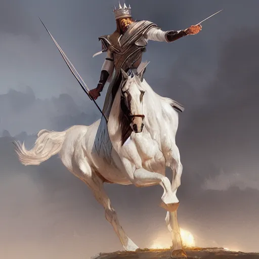 Image similar to a white horse The one who rode him carried arrows and a bow in his hand, and they gave him a crown, digital Art, Greg rutkowski Trending artstation