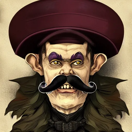 Image similar to a cartoonishly evil goblin, supervillain, top hat and luxurious moustache, portrait, d & d character portrait, victorian clothing, digital art, 8 k,