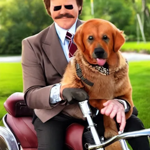 Image similar to ron burgundy smiling riding a dog and drinking chocolate yoo - hoo