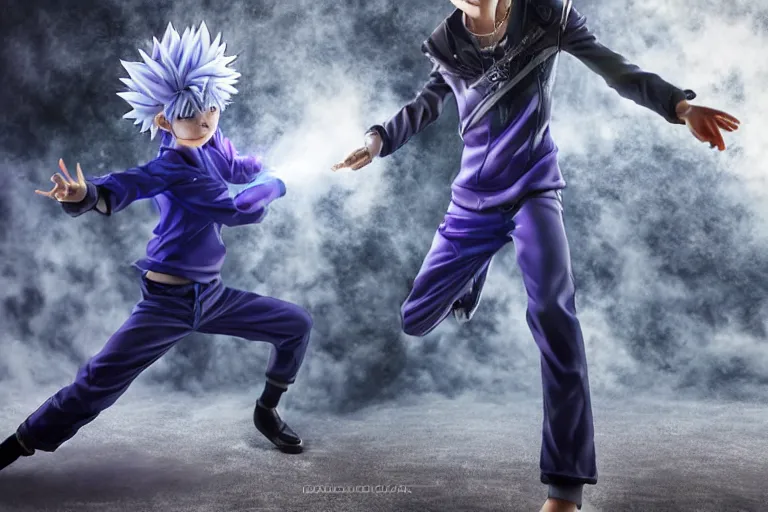 Image similar to killua lightning speed photography by david yarrow anime concept art jojo's bizarre adventure hirohito araki hyperrealistic live action raytracing blue and purple color cgi render