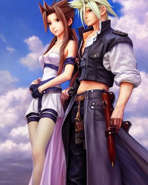 Image similar to character concept art of aerith gainsborough together with cloud strife at gold saucer, istinct - fine, key visual, realistic shaded perfect face, fine details by stanley artgerm lau, wlop, rossdraws, james jean, andrei riabovitchev, marc simonetti, sakimichan, and jakub rebelka, trending on artstation