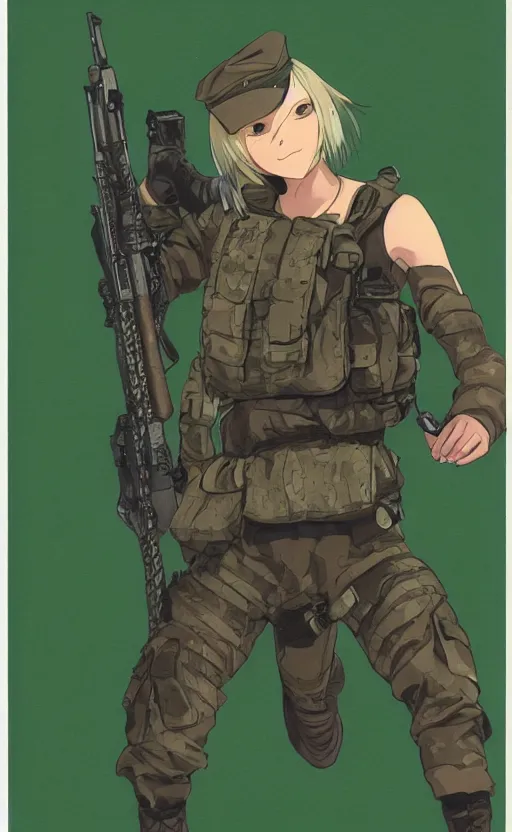 Prompt: girl, trading card front, soldier clothing, combat gear, realistic face, illustration, by ufotable studio, green screen