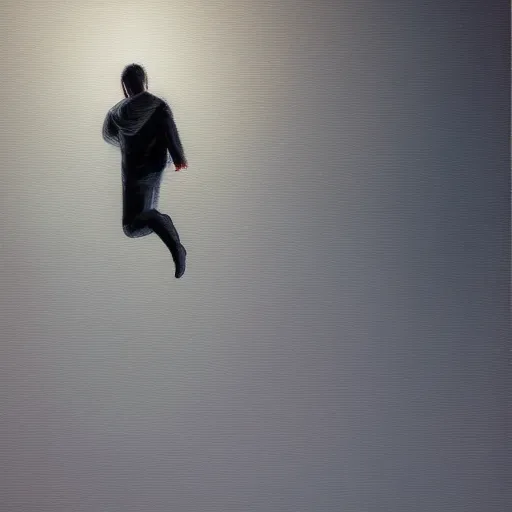 Prompt: man floating in air in total darkness, oil painting, pale colors, high detail, 8 k, wide angle, trending on artstation,