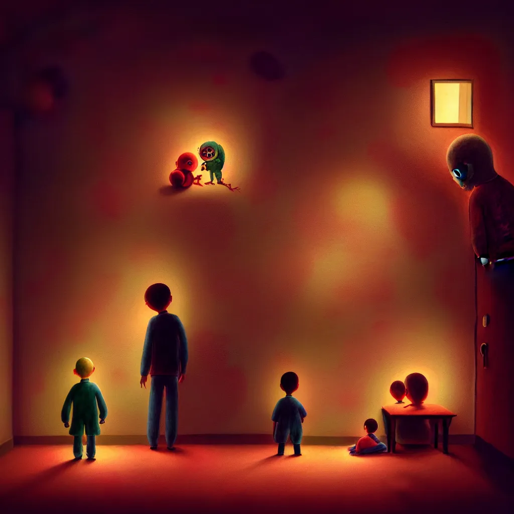 Prompt: terrifying artwork from a children's book depicting the dark and disturbing events of a very special boy's very special day by roger deakins. high detail, octane render, lush coloful surrealistic nightmare, beautiful lighting, detailed illustration, sharp focus, artstation, beautifull, illuminated, extremely lifelike