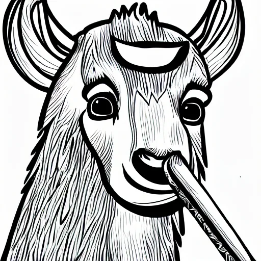 Prompt: high quality !line art! of a goat holding a !churro! stick !in its mouth!