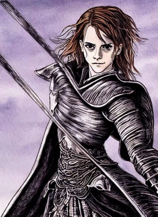 Prompt: Emma Watson as a knight, art by Kentaro Miura