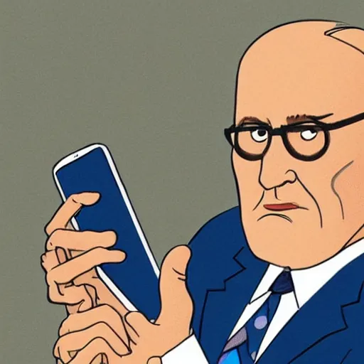 Image similar to close - up portrait of rudy giuliani showing how cell phone, by chris ware