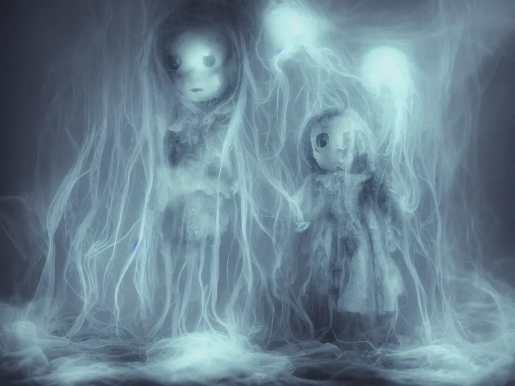 Image similar to cute fumo plush smiling ectoplasmic jellyfish ghost girl lingering in deep fog over mysterious waters, patchwork doll chibi gothic maiden in tattered melting rags, glowing wisps of hazy green smoke and eerie blue volumetric fog swirling about, moonlight, glowing lens flare, black and white, vray