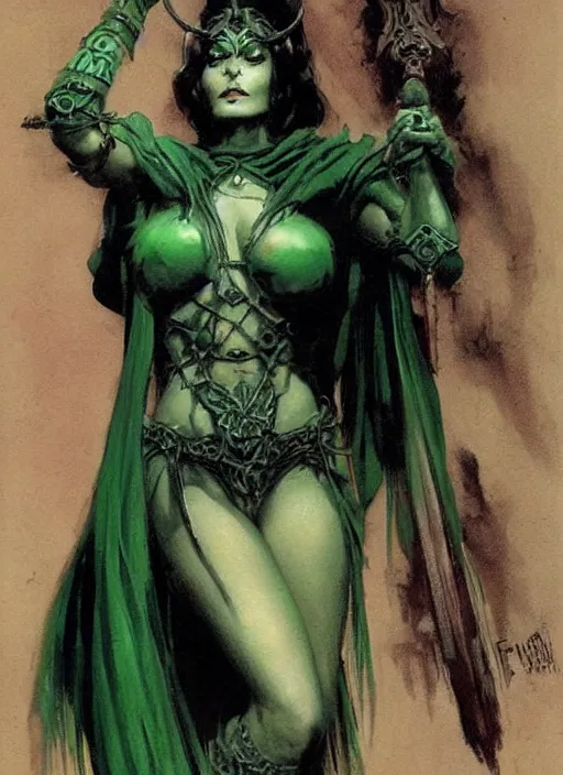 Image similar to ample female necromancer sorceress, green tiara, strong line, deep color, beautiful! coherent! by frank frazetta, by brom, low angle