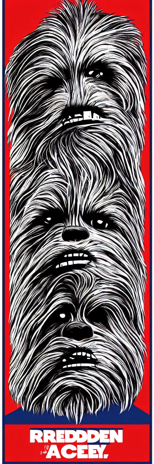 Image similar to chewbacca presidential election poster showing close up of chewbacca face red and blue duotone by sheperd fairey no text