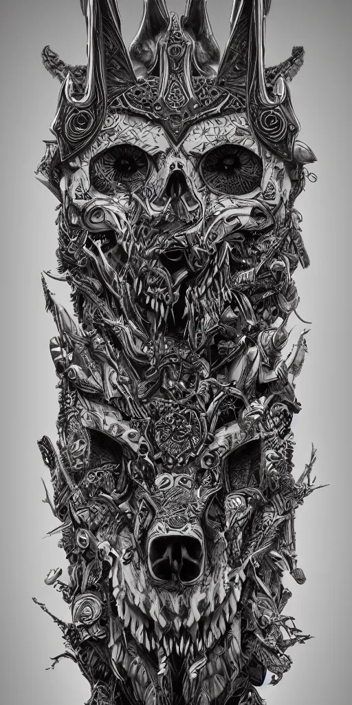 Image similar to A totem with a skull and an wolf, coherent, symmetrical, intricate, high detail, digital painting, hyper realism, octane render, 4k, trending on artstation