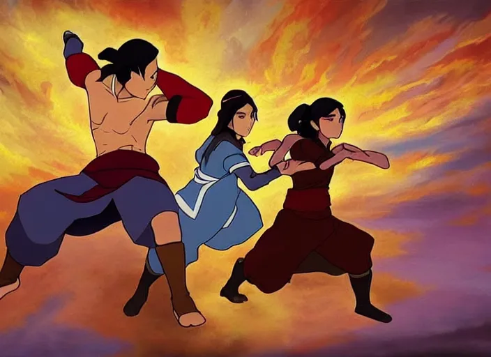 Prompt: an impressionist painting of a scene from Legend of Korra, Korra firebending