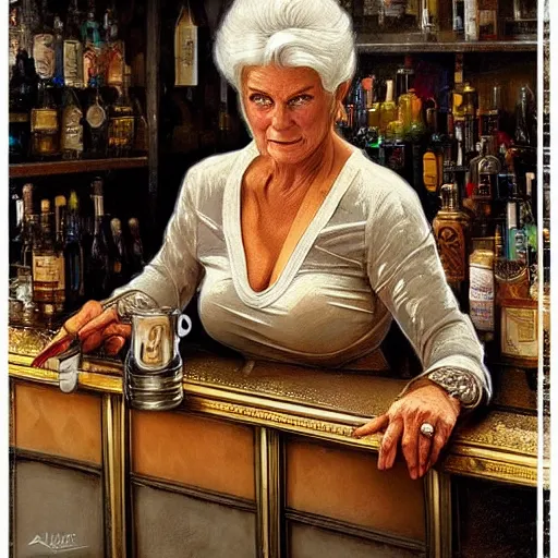 Image similar to amazing lifelike award winning pencil illustration of pat butcher behind the bar in the Queen Vic pub trending on art station artgerm Greg rutkowski alphonse mucha cinematic