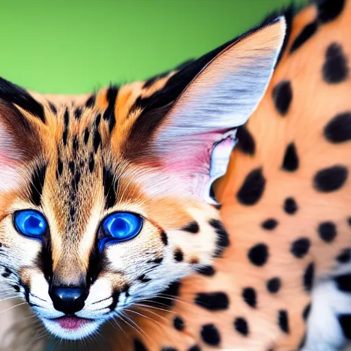 Image similar to beautiful photo of a serval with exotic black markings and blue eyes, 4 k, studio lighting, global illumination, detailed, front page of art station