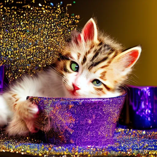 Image similar to kitten bathing itself with a glitter explosion, 8k, award winning photo, digital art