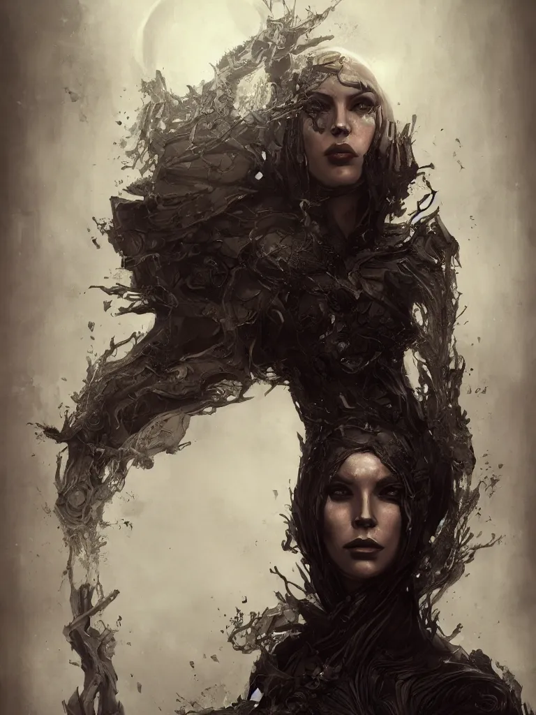 Image similar to a hardcore portrait of a dark sombre woman, hyperrealistic, highly detailed, intricate, sci-fi, sharp focus, trending on Artstation HQ, deviantart, unreal engine 5, 4K UHD image, in the style of Tom Bagshaw, Cedric Peyravernay, Peter Mohrbacher
