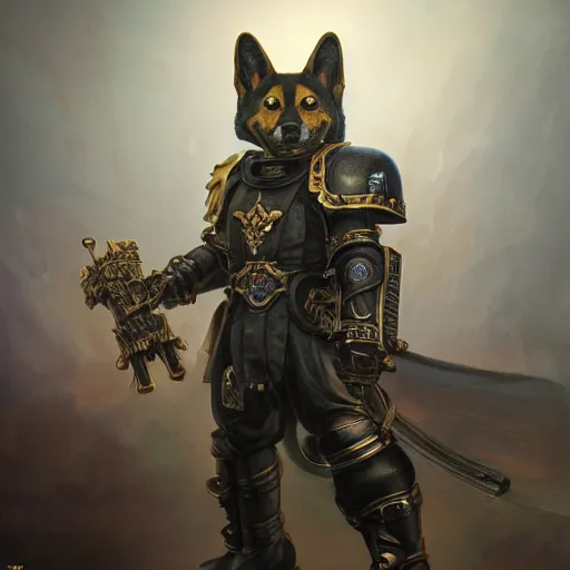 Image similar to warhammer 4 0 k emperor champion black armor, anthropomorphic shiba inu, shiba inu face, stuning 3 d render, masterpiece, glowing aura, by donato giancola and greg rutkowski and wayne barlow and zdzisław beksinski, realistic face