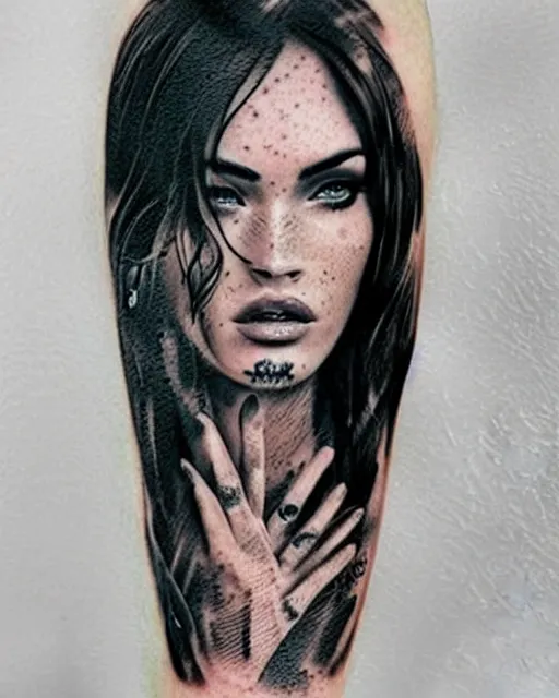 Image similar to creative double exposure effect tattoo design sketch of megan fox faded in beautiful mountain scenery, realism tattoo, in the style of matteo pasqualin, amazing detail, sharp