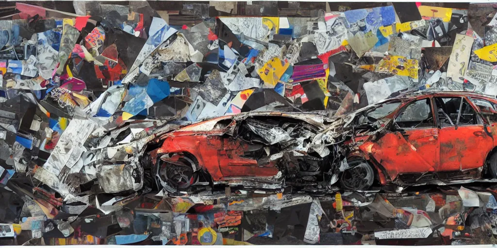 Image similar to car crash test, collage paper and tape, acrylic on canvas, hyperrealism mixed with expressionism, high resolution, cinematic, unreal 6 breathtaking detailed, by blake neubert