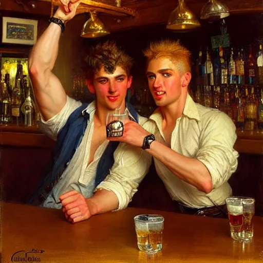 Image similar to attractive maculine male with brunet hair and attractive masculine male with blond hair. pants and shorts, drinking their hearts out, in a pub. highly detailed and very defined painting by gaston bussiere, j. c. leyendecker, craig mullins 8 k