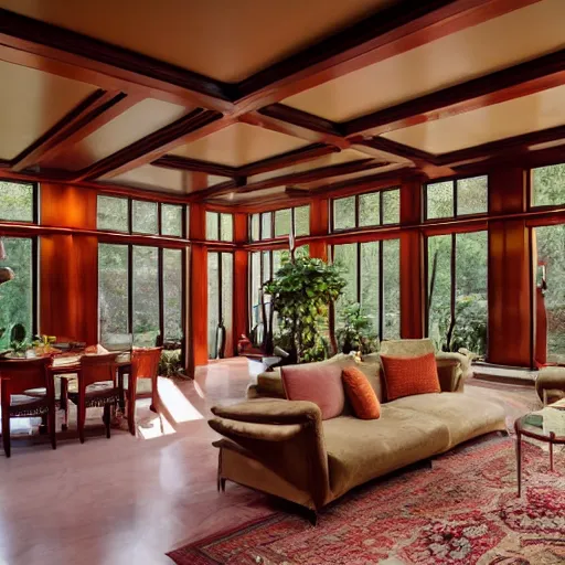 Prompt: A vast beautiful fully stocked living room area in a mansion designed and decorated by Frank Lloyd Wright, sofa, chairs, fireplace, tables,