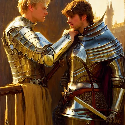 Prompt: attractive arthur pendragon and his attractive male knight, in camelot. highly detailed painting by gaston bussiere, j. c. leyendecker, greg rutkowski, craig mullins 8 k