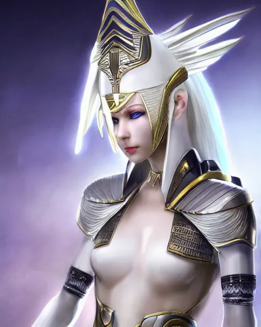 Image similar to perfect white haired attractive egyptian goddess, warframe armor, pharaoh headdress, beautiful, symmetric, dreamy, half asian, pretty face, green eyes, charlize theron, detailed, scifi platform, laboratory, experiment, 4 k, ultra realistic, epic lighting, android body, illuminated, cinematic, masterpiece, art by akihito tsukushi, voidstar