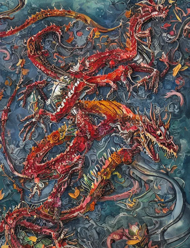 Image similar to colourful painting of dragon skeleton, intricate armour, mechanical liquid, flowers, by masanori warugai