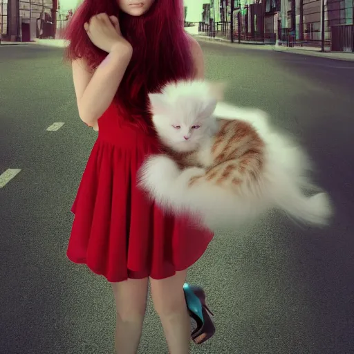 Image similar to Full body photo of a beautiful girl with long purplish red hair standing at the bus stop, wearing a puffed Turquoise dress and high heels, holding a white fluffy kitten, hyperrealistic, highly detailed, highly focused, depth of field, High definition, 8k, octane render, artstation