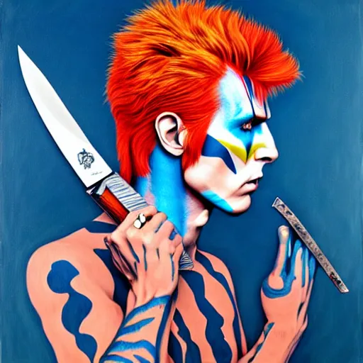 Prompt: Ziggy Stardust holding a Bowie knife, james jean, realism, masterpiece.