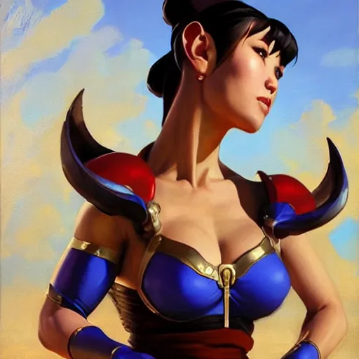 Prompt: greg manchess portrait painting of partially armored chun li from street fighter as overwatch character, medium shot, asymmetrical, profile picture, organic painting, sunny day, matte painting, bold shapes, hard edges, street art, trending on artstation, by huang guangjian and gil elvgren and gerald brom