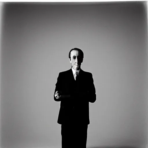 Prompt: close-up portrait of Marcel Duchamp in a empty white void, tri-x, Trent Parke, Richard Avedon, archival pigment print, occult dream, contemporary art