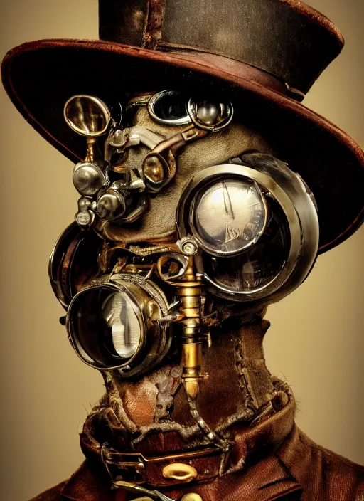 Image similar to closeup portrait of a steampunk medieval goblin wearing a top hat and goggles, depth of field, zeiss lens, detailed, symmetrical, centered, fashion photoshoot, by Annie Leibovitz and Steve McCurry, David Lazar, Jimmy Nelsson, Breathtaking, 8k resolution, extremely detailed, beautiful, establishing shot, artistic, hyperrealistic, beautiful face, octane render