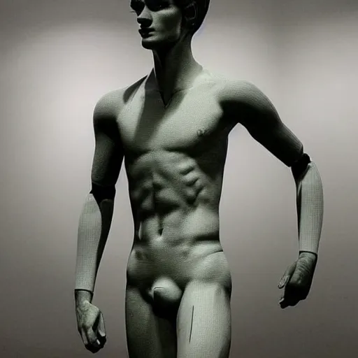 Image similar to “ a realistic detailed photo of a guy who is an attractive humanoid who is half robot and half humanoid, who is a male android, soccer player antoine griezmann, shiny skin, posing like a statue, blank stare, at the museum, on display ”