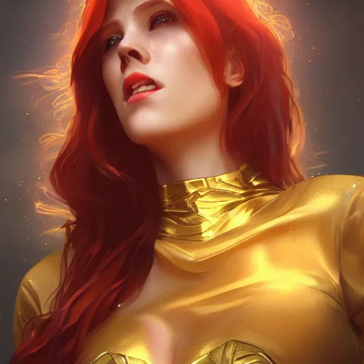 Image similar to redhead vampire sorceress, perfect face, gold shirt, cinematic, stunning, highly detailed, digital painting, artstation, smooth, hard focus, illustration, art by artgerm and greg rutkowski and alphonse mucha, volumetric lighting, octane render, 4 k resolution, trending on artstation, masterpiece