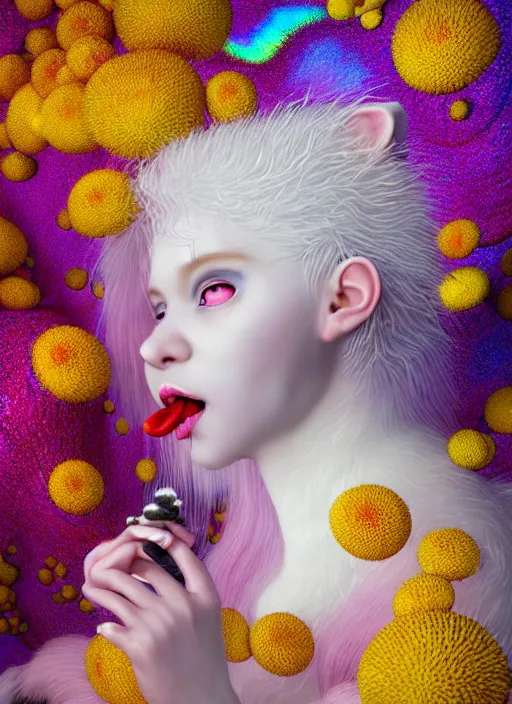 Image similar to hyper detailed 3d render like a Oil painting - kawaii portrait Aurora (white haired Singer Ferret) seen Eating of the Strangling network of yellowcake aerochrome and milky Fruit and Her delicate Hands hold of gossamer polyp blossoms bring iridescent fungal flowers whose spores black the foolish stars by Jacek Yerka, Mariusz Lewandowski, Houdini algorithmic generative render, Abstract brush strokes, Masterpiece, Edward Hopper and James Gilleard, Zdzislaw Beksinski, Mark Ryden, Wolfgang Lettl, hints of Yayoi Kasuma, octane render, 8k