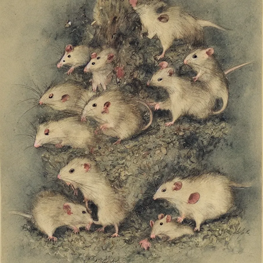 Prompt: Louis Icart, an old colored drawing of adorable little pet rats by Louis Icart, highly detailed, center weighed composition, masterpiece