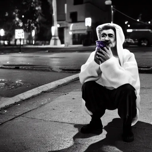 Prompt: cinematic shot of Joseph Stalin wearing a white hoodie and holding a styrofoam cup full of purple liquid sitting on the curb of a street at night, 8k, dslr,
