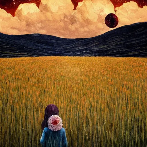 Image similar to giant daisy flower as a head, girl walking in wheat field, hills, surreal photography, moon light, dark night, star trails, dramatic light, impressionist painting, clouds, digital painting, artstation, simon stalenhag