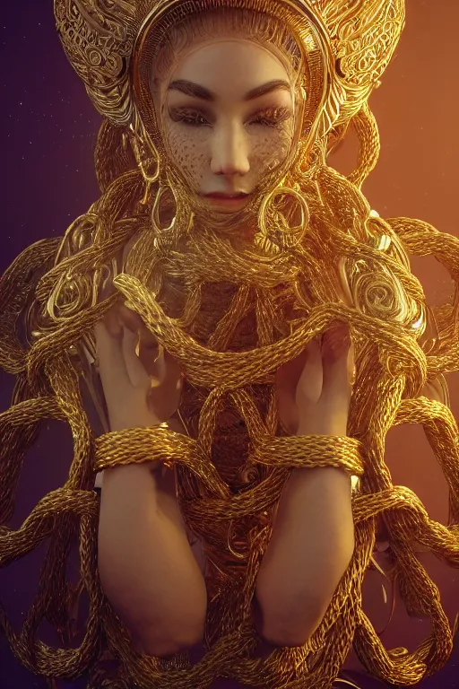 Prompt: an intricate highly detailed portrait of the goddess of time and space wrapped tightly restrained in gold rope hd, 4k, 8k, 3d render, unreal engine, octane renderer, brilliantly coloured, intricate, ultra wide angle, trending on artstation, dusk, volumetric lighting, polished, micro details, ray tracing,