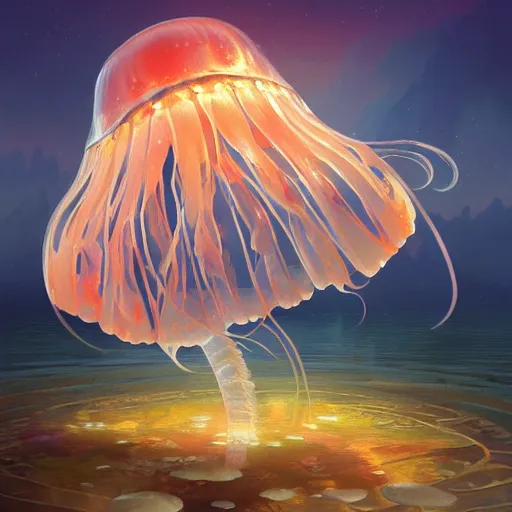 Image similar to jellyfish in a bright ocean, deep focus, fantasy, intricate, elegant, highly detailed, digital painting, artstation, concept art, matte, sharp focus, illustration, hearthstone, art by rhads and artgerm and greg rutkowski and alphonse mucha and gediminas pranckevicius