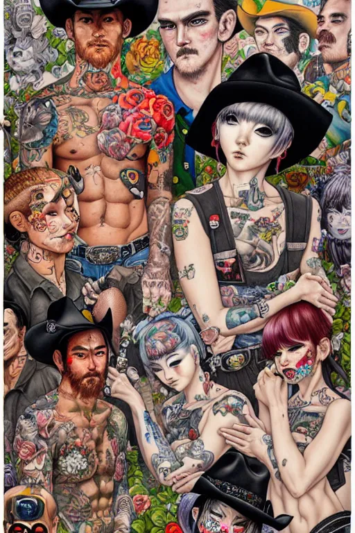 Image similar to full view, from a distance, of cowboys with tattoos, style of yoshii chie and hikari shimoda and martine johanna, highly detailed