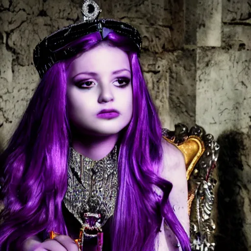 Image similar to A 4k photo of young evil princess with purple hair wearing a diamond crown, sitting in a throne in a dark room.