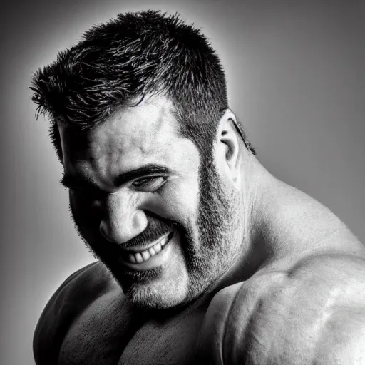 Image similar to Black and white photography of a very muscular shrek smiling with a chiseled jawline and trimmed beard