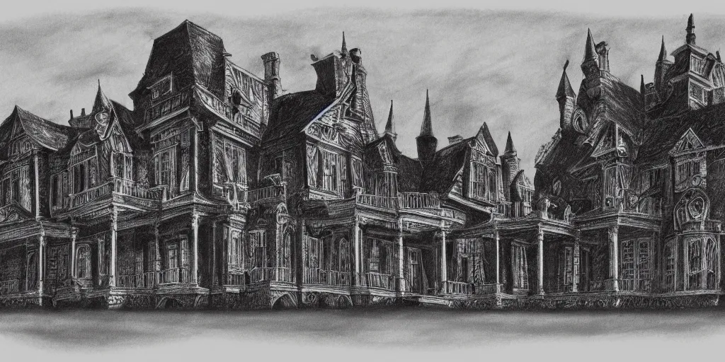 Image similar to technical drawing of a haunted mansion, hyper realistic, dramatic shadows, gothic