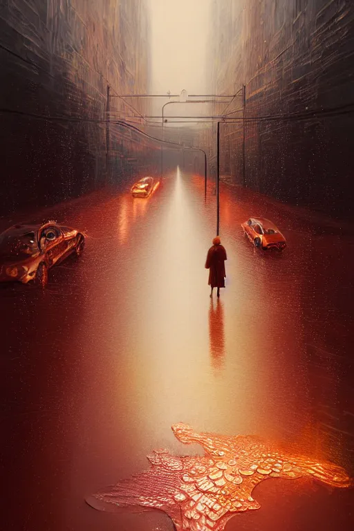 Prompt: 3 d, rain, flame, liquid rose gold, morning, liquid hot metal, poster art, high detail, intricate oil painting, multiple exposure, heaven mood, hyperrealism, 3 d, by tooth wu and wlop and beeple and greg rutkowski