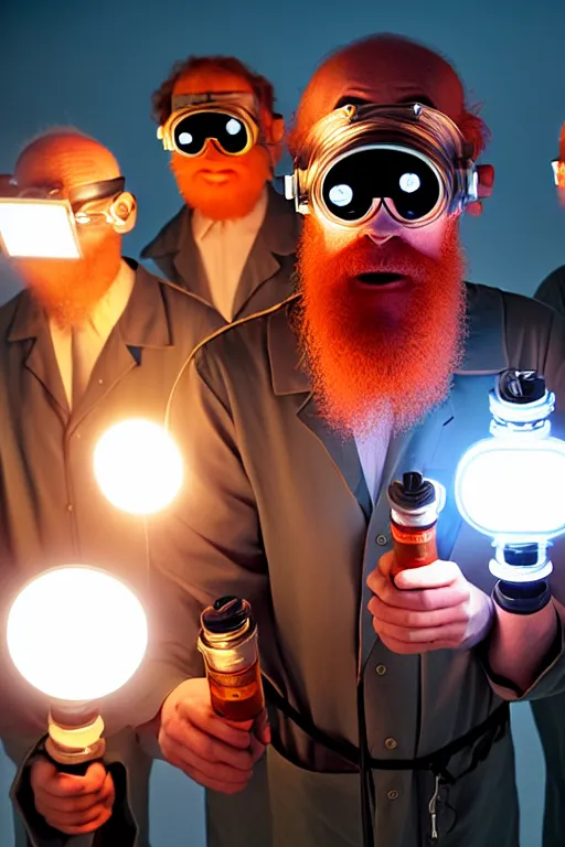 Image similar to a person with 3 eyes, person with a 3rd eye in the middle of their forehead, an awkwardly tall scientist with 3 eyes and a tangled beard and unruly red hair atop his balding head wearing a headlamp a labcoat and welding goggles and holding a beaker, led headlamp, high resolution film still, movie by Ivan Reitman