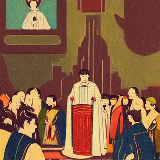 Image similar to a realistic oil painting of baby priest giving orders to its congregation of followers. art deco style mixed with retro japanese book art